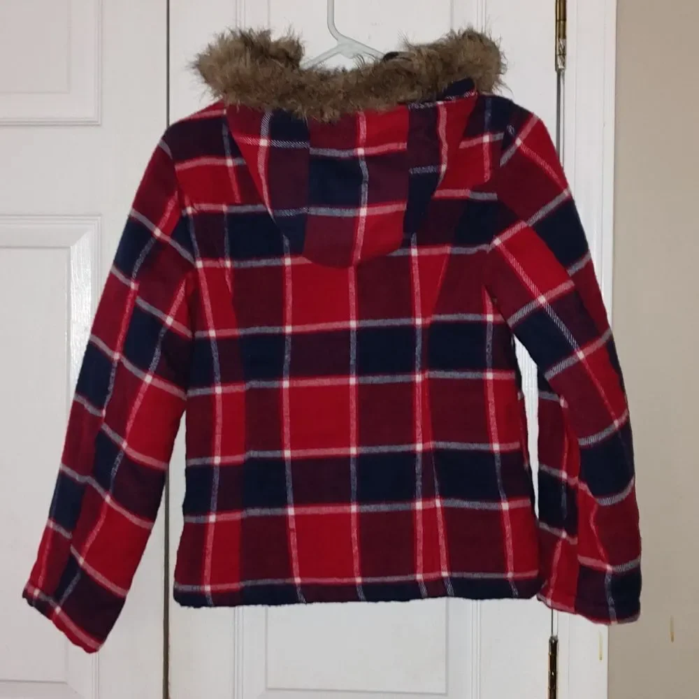 Justice red blue plaid hooded jacket  Sz 14
